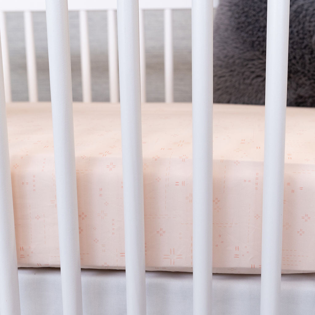 Sunday Stroll - Fitted Crib Sheet - Crossroads & Dashes in Pink - Olli+Lime